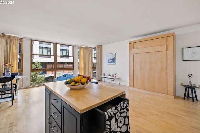 kitchen featuring light brown cabinetry, gray cabinets, a wall of windows, and light hardwood / wood-style floors