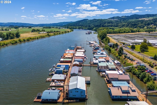 drone / aerial view featuring a water and mountain view