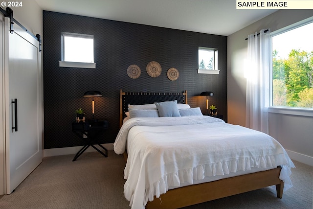 carpeted bedroom featuring a barn door and multiple windows