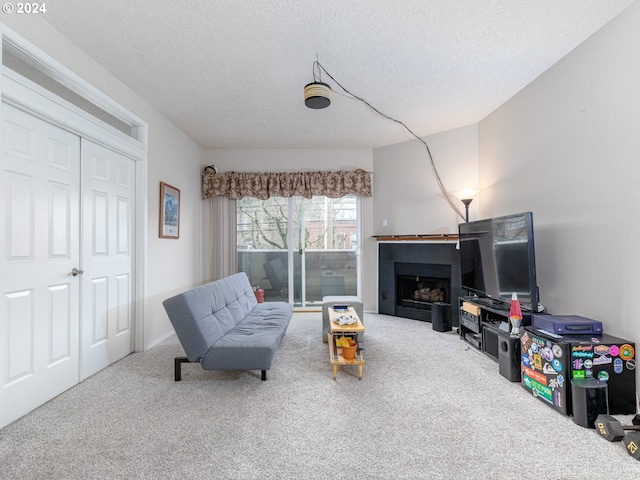 carpeted living room with a textured ceiling