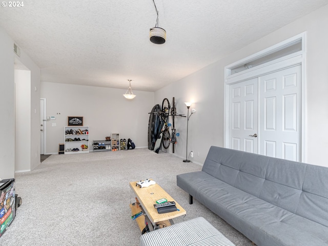 carpeted living room with a textured ceiling