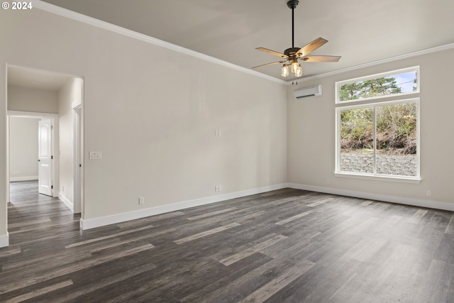 empty room with dark hardwood / wood-style flooring, ceiling fan, crown molding, and a wall mounted AC