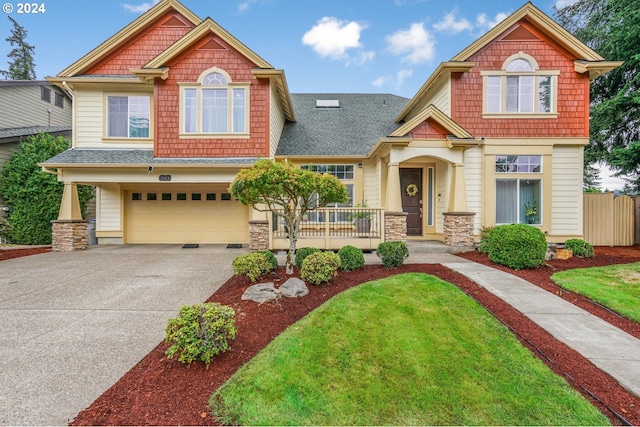 craftsman-style house with a front lawn and a garage