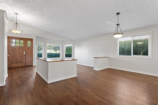 entryway with vaulted ceiling, dark hardwood / wood-style floors, and a textured ceiling