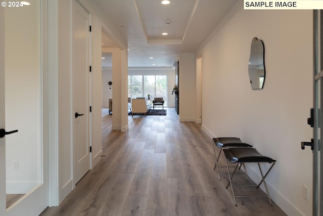 hallway featuring light hardwood / wood-style floors and a tray ceiling