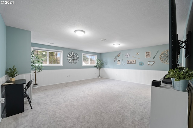 interior space with a textured ceiling, wooden walls, and carpet flooring