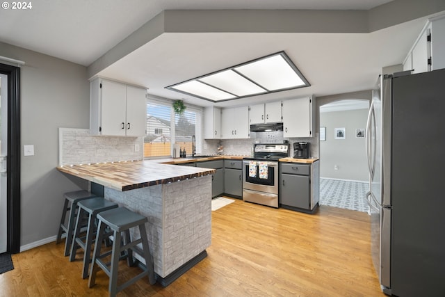 kitchen with stainless steel appliances, a kitchen bar, kitchen peninsula, wooden counters, and gray cabinets