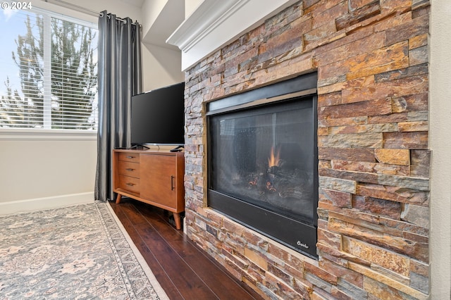 interior details with wood-type flooring and a stone fireplace