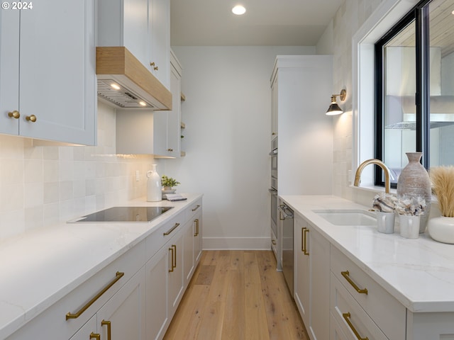 kitchen with white cabinetry, sink, light stone counters, premium range hood, and light hardwood / wood-style floors