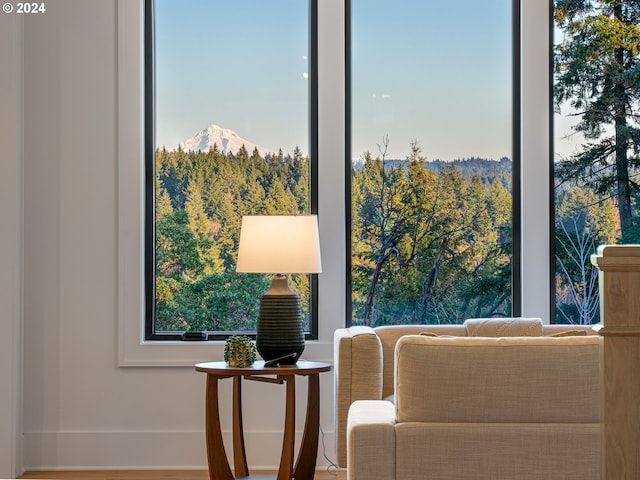 sitting room featuring a mountain view