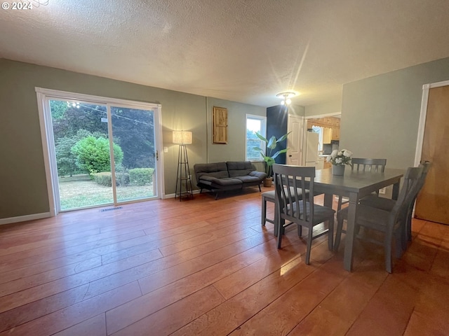 dining area with light hardwood / wood-style flooring and a textured ceiling