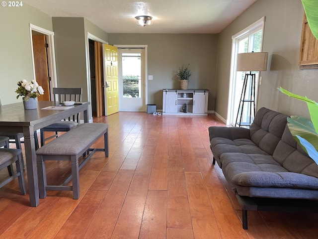 living room featuring a textured ceiling and hardwood / wood-style floors