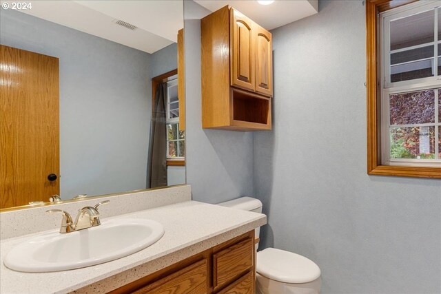 bathroom with a wealth of natural light, vanity, and toilet