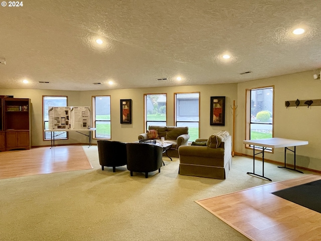 living room with light carpet and a textured ceiling