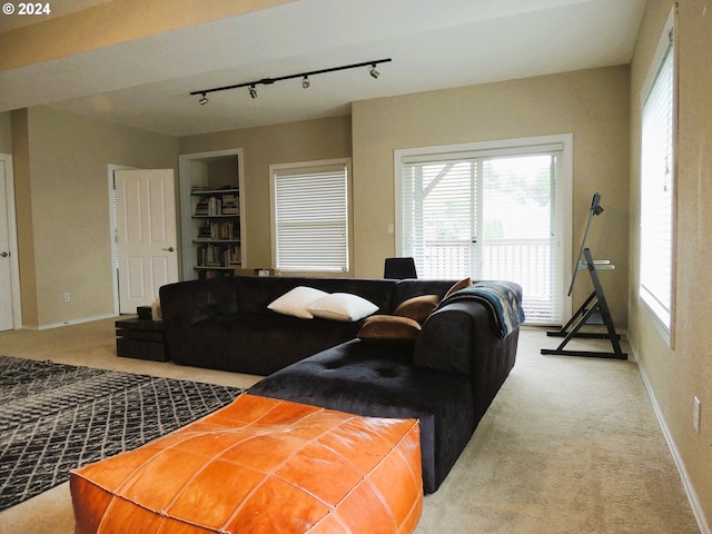 carpeted living room with track lighting