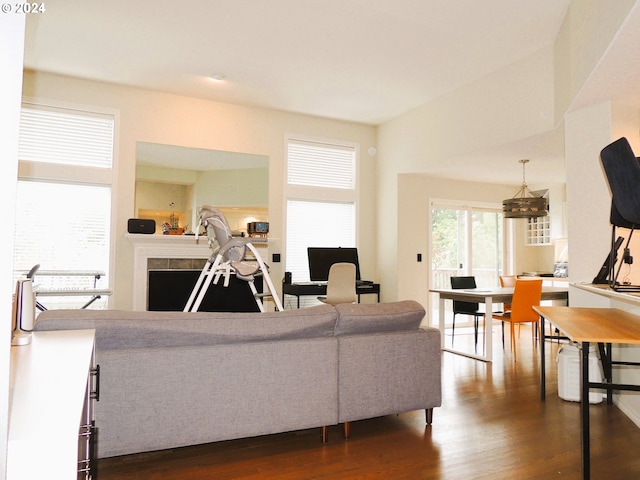 living room featuring a notable chandelier and dark hardwood / wood-style floors