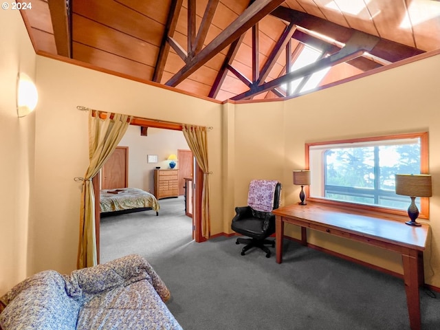 bedroom with carpet flooring, beam ceiling, wood ceiling, and high vaulted ceiling