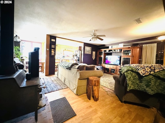 living room with ceiling fan and wood-type flooring