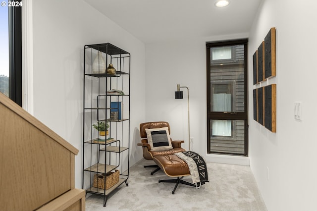 sitting room with light colored carpet