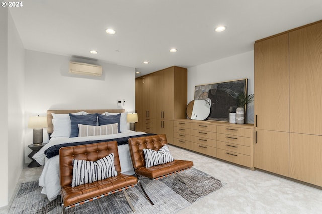 carpeted bedroom featuring a wall mounted AC