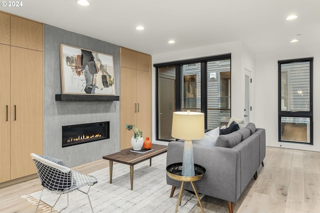 living room featuring a large fireplace and light wood-type flooring