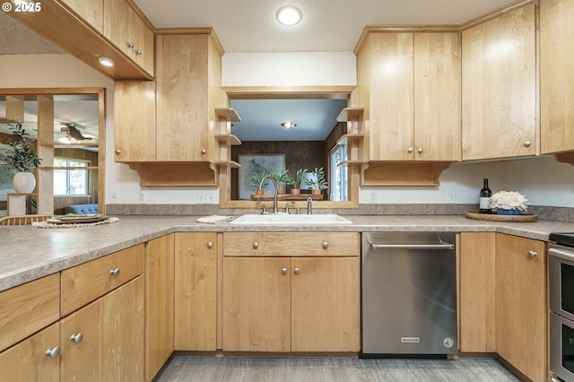 kitchen with a sink, open shelves, stainless steel dishwasher, and light brown cabinets