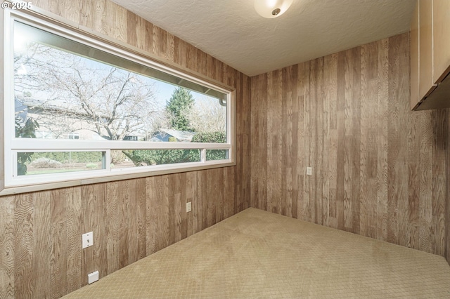 spare room with wood walls and a textured ceiling