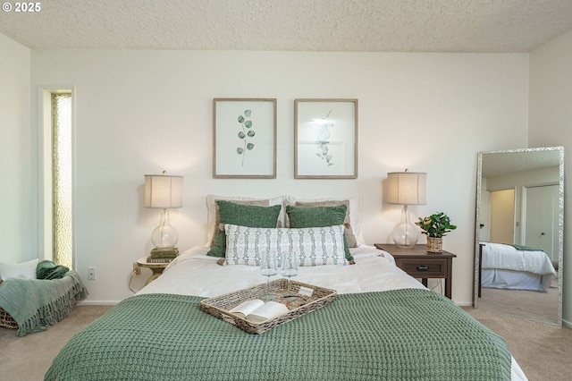 carpeted bedroom featuring baseboards and a textured ceiling