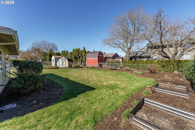 view of yard featuring a fenced backyard, an outdoor structure, a storage shed, and a vegetable garden