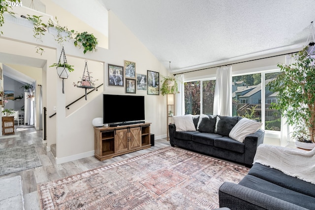 living room featuring high vaulted ceiling, hardwood / wood-style flooring, a textured ceiling, and a healthy amount of sunlight