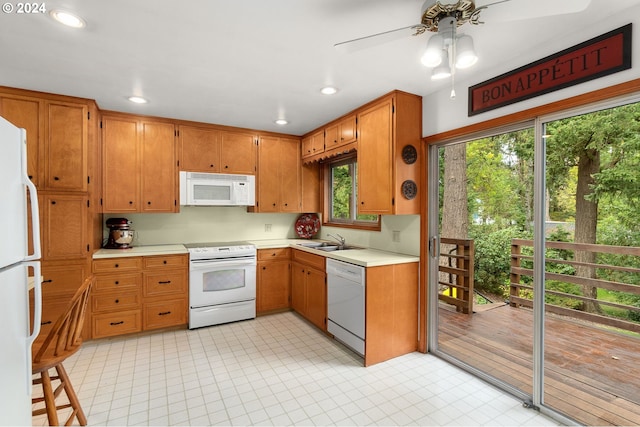 kitchen featuring ceiling fan, white appliances, and sink