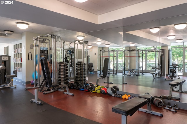 workout area featuring floor to ceiling windows