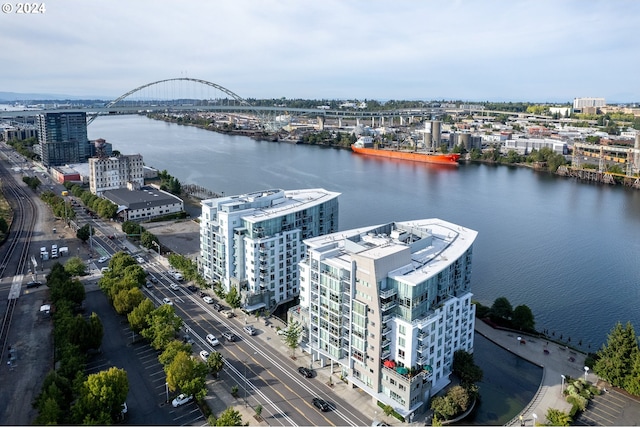 aerial view featuring a water view