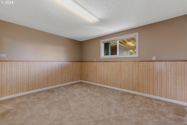 carpeted empty room featuring wood walls and a textured ceiling