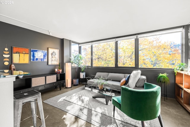 living room with concrete floors