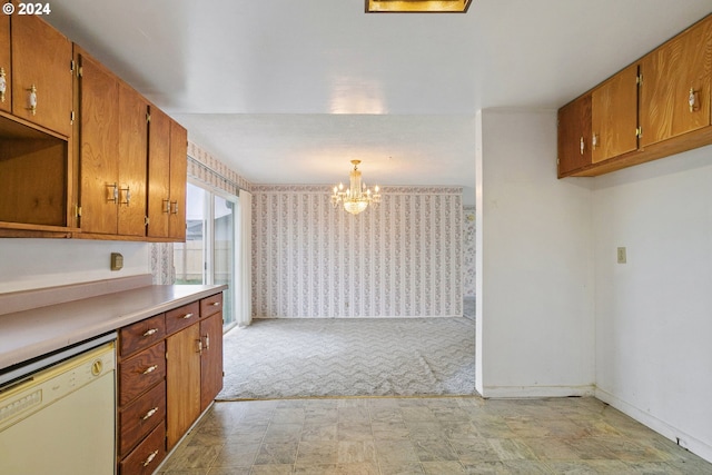 kitchen with pendant lighting, brown cabinets, light countertops, light carpet, and white dishwasher