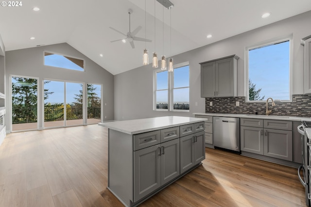 kitchen with a healthy amount of sunlight, stainless steel appliances, a kitchen island, and light hardwood / wood-style floors