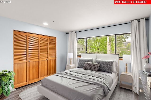 bedroom featuring wood-type flooring and a closet