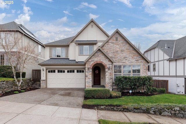 view of front of property featuring a shingled roof, a front lawn, concrete driveway, stucco siding, and an attached garage