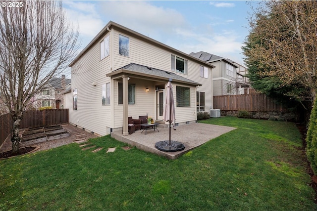 5310 NW Primino Ave, Portland, OR 97229 - rear view of house featuring central air condition unit, crawl space, a fenced backyard, a yard, and a patio area