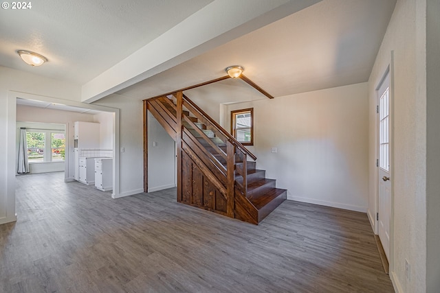 staircase with hardwood / wood-style flooring