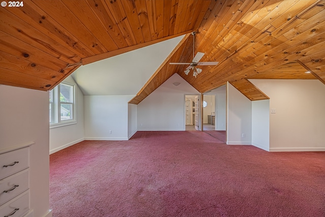 bonus room featuring ceiling fan, lofted ceiling, light carpet, and wood ceiling