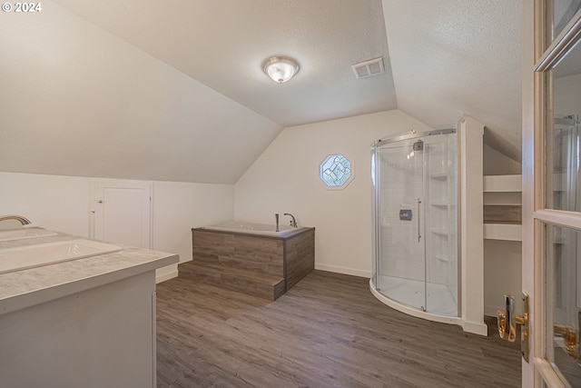 interior space with lofted ceiling, sink, dark wood-type flooring, and a textured ceiling