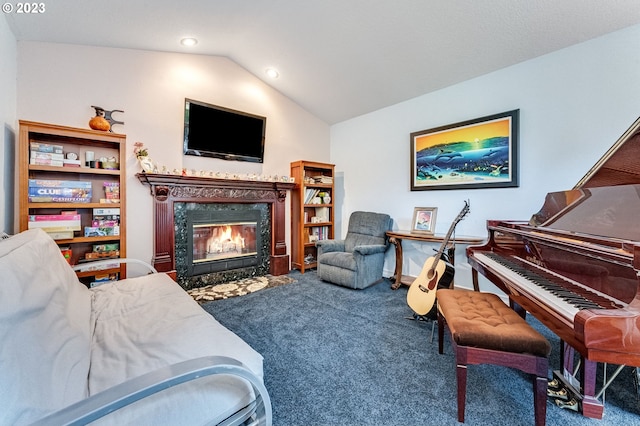 interior space featuring carpet flooring, vaulted ceiling, and a high end fireplace