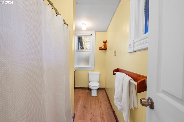 bathroom with hardwood / wood-style flooring and toilet