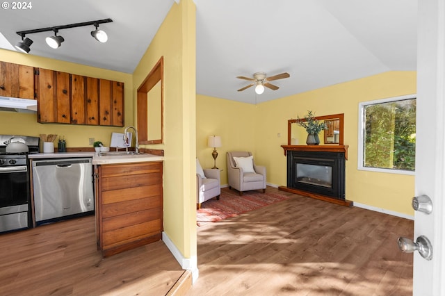 kitchen featuring vaulted ceiling, stainless steel appliances, sink, and light hardwood / wood-style flooring