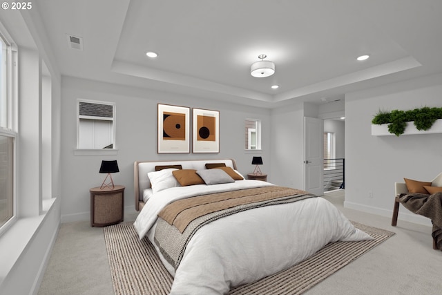 carpeted bedroom featuring a tray ceiling