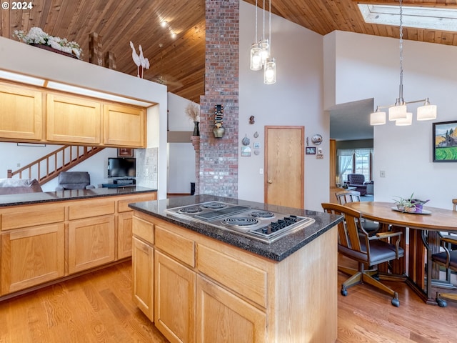 14355 NW Pheasant Hill Ln, Mcminnville, OR 97128 - kitchen with wood ceiling, stainless steel electric cooktop, high vaulted ceiling, light wood finished floors, and a skylight