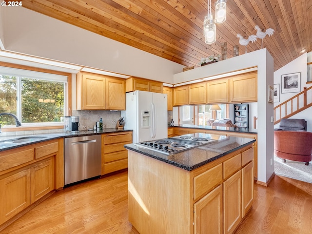 14355 NW Pheasant Hill Ln, Mcminnville, OR 97128 - kitchen with white refrigerator with ice dispenser, dishwasher, a sink, stovetop with downdraft, and wooden ceiling
