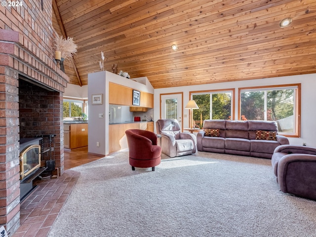 14355 NW Pheasant Hill Ln, Mcminnville, OR 97128 - living room with wooden ceiling, a fireplace, vaulted ceiling, and carpet floors